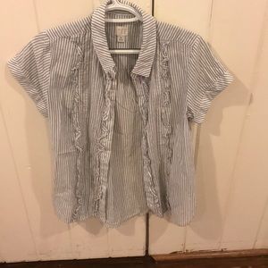 Striped button down blouse with ruffle accents